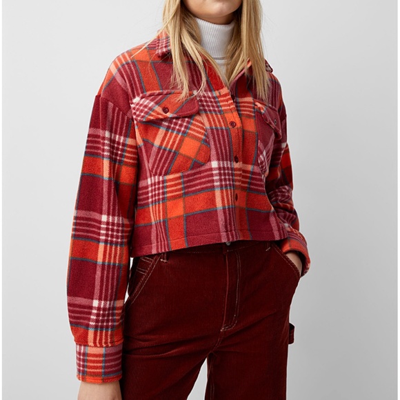Burgundy and orange rustic polar fleece cropped soft shacket shirt NWT - Picture 1 of 9